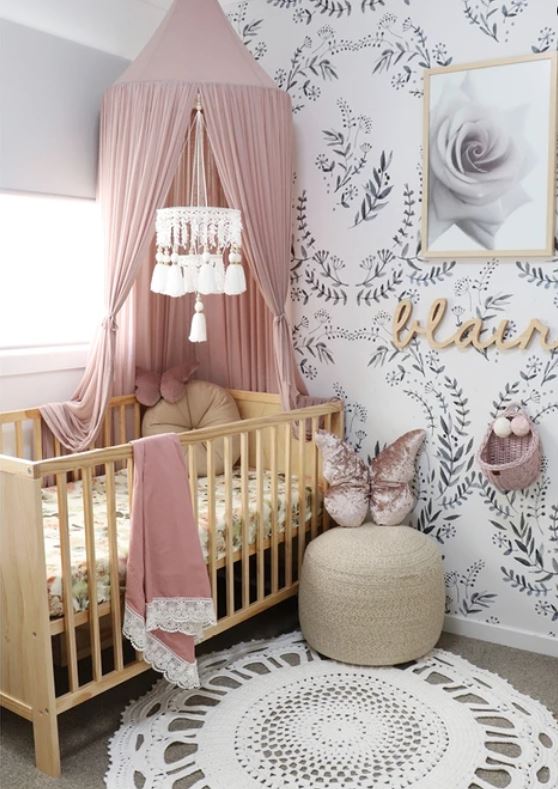 quarto bebe menina papel de parede floral -