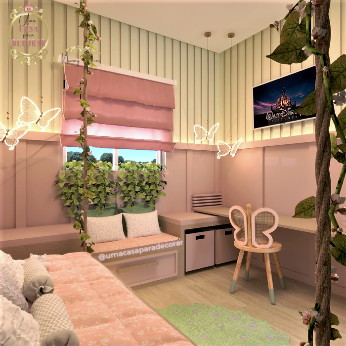 QUARTO DE MENINA rosa e verde papel de parede floral - TEMA FLORESTA ENCANTADA - mesa regulável que cresce junto com a criança - cadeira de borboleta