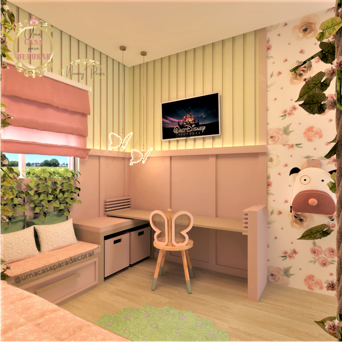 QUARTO DE MENINA rosa e verde papel de parede floral - TEMA FLORESTA ENCANTADA - mesa regulável que cresce junto com a criança - cadeira de borboleta