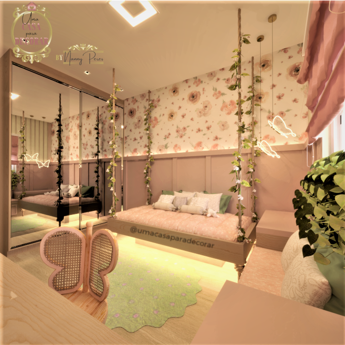 QUARTO DE MENINA rosa e verde papel de parede floral - TEMA FLORESTA ENCANTADA - mesa regulável que cresce junto com a criança - cadeira de borboleta