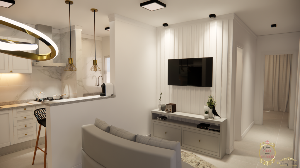 Sala com TV parede ripado sofá organico