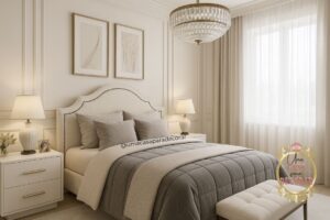 IIMAGEM: quarto moderno elegante claro branco bege mesa cabeceira fendi pendente dourado cristal
