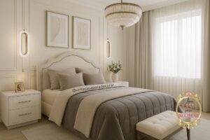 IIMAGEM: quarto moderno elegante claro branco bege mesa cabeceira fendi pendente dourado cristal
