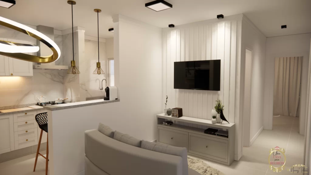 Sala com TV parede ripado sofá organico