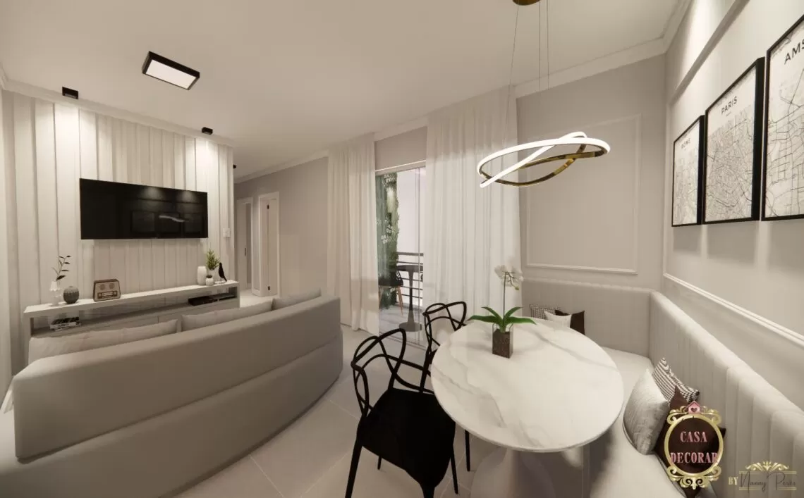 sala integrada moderna clássica boiserie ripado neutra uma casa para decorar
